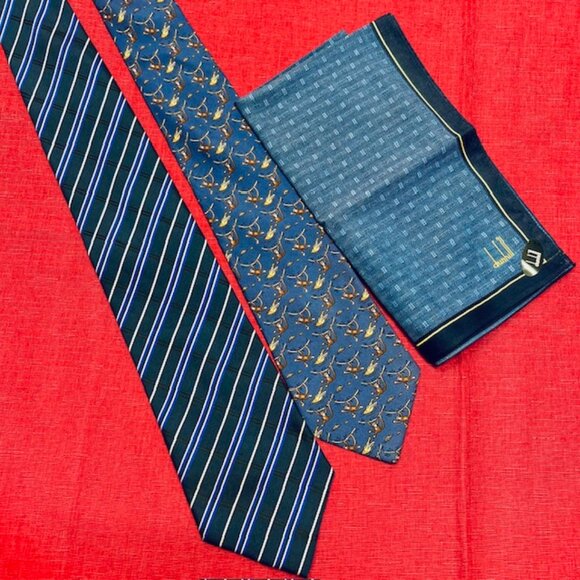 Set Necktie Silk : Hermes Paris & Flamboyant Blue +Dunhill Handkerchief  19"(47) - Picture 6 of 16